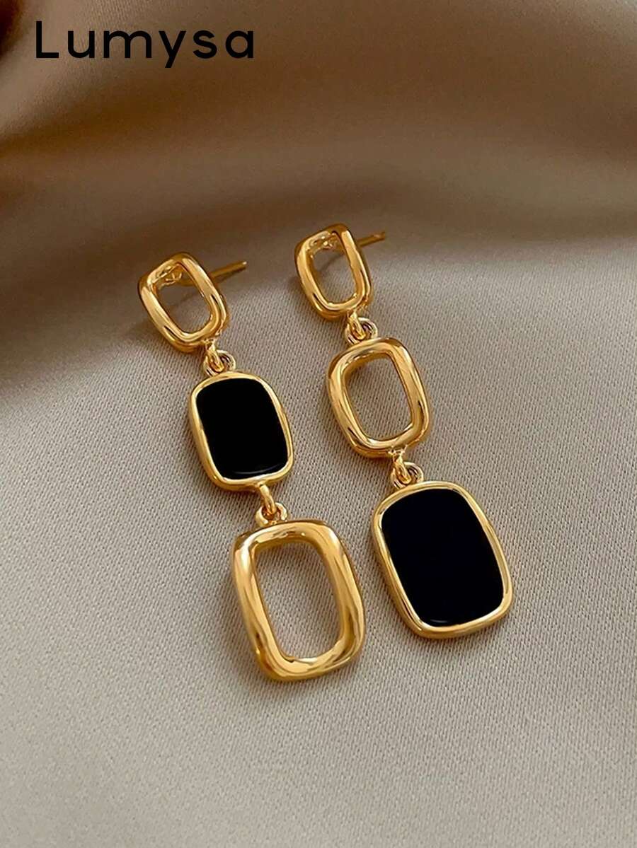 1 Pair French Vintage Asymmetric Oil Drop Square Tassel Earrings, Suitable For Women's Daily Casual Wear - Yellow Gold - View 1