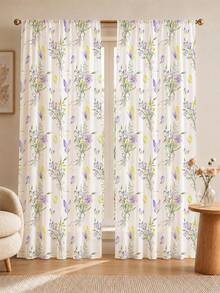 2PCS Purple Floral Butterfly Print High Density Mesh Curtains, Watercolor Light Filtering Rod Pocket Panels - Navy Blue - View 7