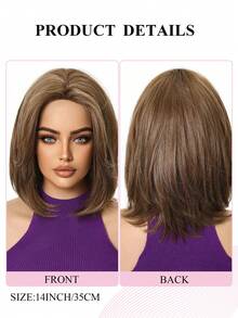 12 Inch Light Brown Highlighted Synthetic Full Wig, Inverted Bob Style, Textured Side Part Face-Framing, Ready To Wear, Realistic Hairline, Premium Fiber, Matte Texture, Tangle-Resistant, Beginner-Friendly, Breathable, Suitable For Daily Wear, Nightclub Parties, Halloween Costume, Holiday Gift - Brown Highlight - View 10