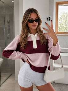 Spring/Autumn Multi-Color Contrast Lapel Long Sleeve Half-Button Cardigan Sweater - Pink and Wine Red - View 2