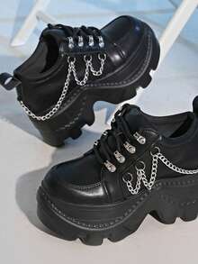 Sepatu Sneakers Kasual Platform Wanita Gaya Punk dengan Tali dan Lubang Logam, Sepatu Bisnis Serbaguna - Hitam - View 20