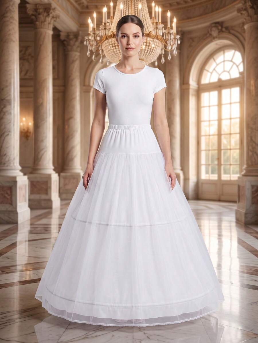 1pc Women's Bridal Gown Accessory, A-Line Tulle Petticoat With 3 Hoops, 1 Layer Stiff Mesh, Elastic Waistband, Suitable For Halloween And Autumn Wear - White - View 1