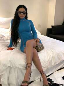 XLLAIS 女款性感緊身拉鍊彈性迷你裙，度假派對睡裙 - 藍色 - 查看 3