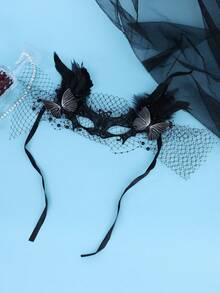 Dark Witch Black Lace Feather Butterfly Masquerade Mask Mesh Veil Beaded Gothic Halloween Cosplay Bridal Carnival Wedding Party - Black - View 4
