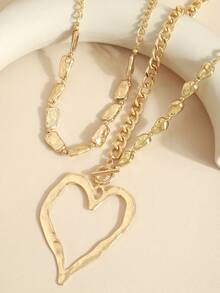 1 bộ 2 dây chuyền mặt trái tim hai lớp, chuỗi hạt ngọc trai giả phong cách Baroque thời trang cao cấp, trang sức nữ - Vàng - Xem 2