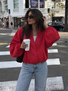 Women V Neck Bomber Jacket, Solid Red Long Puff Sleeve Elastic Hem Loose Casual Outerwear With Pockets - Red - View 5