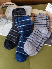 CLIMPRESSION Men's Striped Plush Crew Socks, Thick Fuzzy Coral Fleece Mid Calf Socks, Warm Winter Thermal Home Sleeping Socks - Blue - View 11