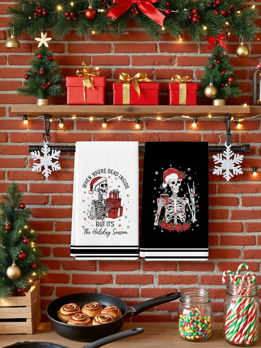 2 Pcs Christmas Skeleton Snowflake Letter Slogan Kitchen Towels Gothic Holiday Dish Towels Can Be Used In Kitchen Drying Hand Towels Tea Towels Suitable For Farmhouse Kitchen Home Indoor Dish Drying - Black and White - View 1