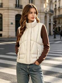 Women's Winter Casual Solid Color Zipper Front Stand Collar Short Padded Vest - White - View 6