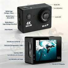 Câmera esportiva 4K Ultra HD com gravação em 30fps e conexão Wi-Fi, câmera digital à prova d'água até 30 metros com tela LCD, ideal para mergulho, viagens e esportes radicais ao ar livre - Preto e Branco - Visão 5