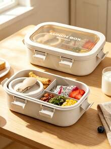 1pc Bento Box - Beige - With Utensils, Adult Lunch Box Microwave , 3 Compartment Food Storage Container, With Soup Cup, Insulated Lunch Bag, Leak-Proof Lunch Bento Box - Multicolor - View 1