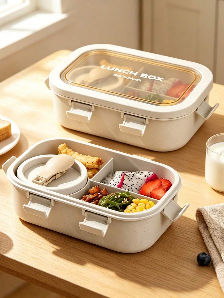 1pc Bento Box - Beige - With Utensils, Adult Lunch Box Microwave , 3 Compartment Food Storage Container, With Soup Cup, Insulated Lunch Bag, Leak-Proof Lunch Bento Box - Multicolor - View 1