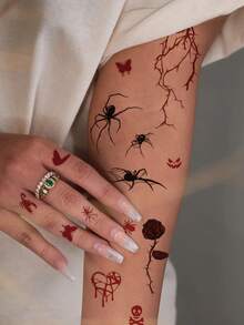 STARTTOOS 4PCS Halloween Dark Style Cool Spider Pumpkin Skull Rose Pattern Party Gift Waterproof Tattoo Stickers For Hands Face Shoulders Neck Collarbone - Multicolor - View 2
