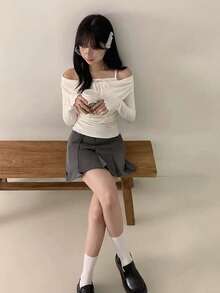 Women's Autumn Lace-Up Cami Patchwork Draped Neck Ruched Slim Fit Knit Long Sleeve T-Shirt Top - White - View 3