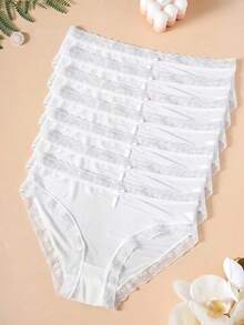 7pcs Women's White Thin Lace Trim Solid Color Ice Silk Seamless Comfortable Mid-Waist Triangle Panties - Multicolor - View 3