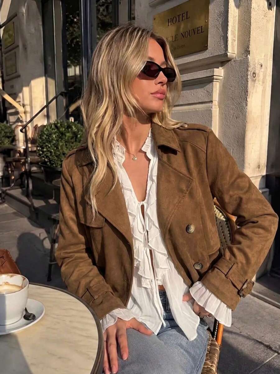 Women's Fall/Winter Y2K Suede Vintage Cropped Jacket - Suitable For Daily Commuting, Work, Halloween/Christmas Festivities, Back-To-School Streetwear - Brown - View 1