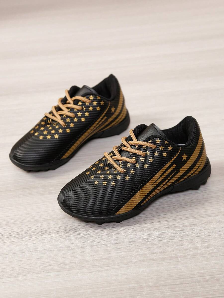 Boys' Star Stripe Studded Soccer Shoes, Lace-Up Non-Slip Children's Sports Field Training Shoes - Black - View 1