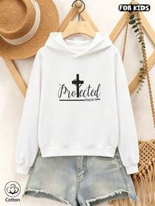 Kids Hoodie: Protected PSALM 91 Cross Design, Loose Fit Breathable Casual Sweatshirt For Boys & Girls, Simple Faith Style For Spring Autumn Daily Wear - White - View 1