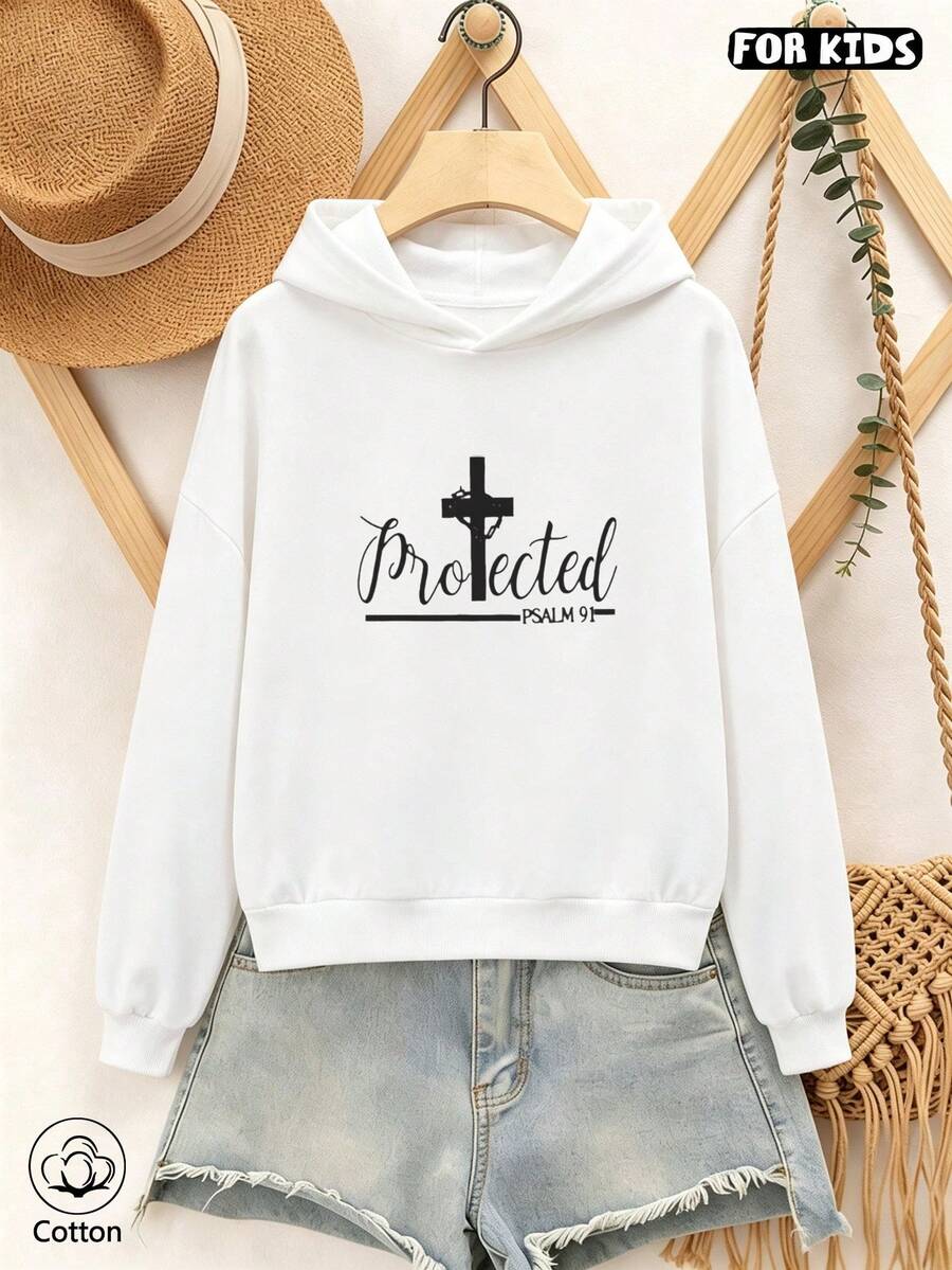 Kids Hoodie: Protected PSALM 91 Cross Design, Loose Fit Breathable Casual Sweatshirt For Boys & Girls, Simple Faith Style For Spring Autumn Daily Wear - White - View 1