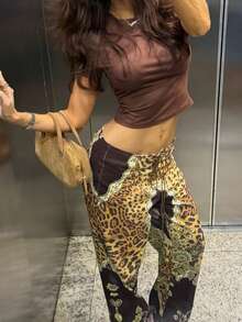 Chic Fall Women's Cheetah Print Long Pants With Floral Accents And Lace-Up Waist, Comfortable Polyester Straight Cut - Brown - View 4