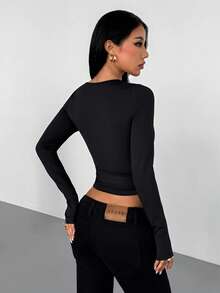 VENORA Women's Long-Sleeve 2-In-1 Top Featuring A Lace-Trimmed, Lace-Up, Strapless-Style Bodice. Suitable For Yoga And Everyday Wear. - Black - View 4