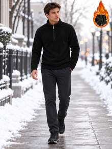 Men's Solid Color Fleece Warm Stand Collar Long Sleeve Polo Shirt - Black - View 3
