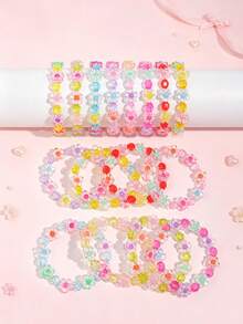2pcs/Set Cute Girls Transparent Multicolor Floral Beaded Elastic Bracelet Set, Daily Party Accessories - Multicolor - View 1