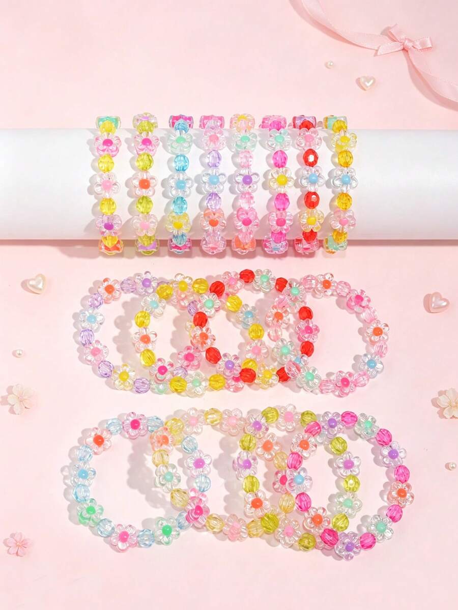 2pcs/Set Cute Girls Transparent Multicolor Floral Beaded Elastic Bracelet Set, Daily Party Accessories - Multicolor - View 1