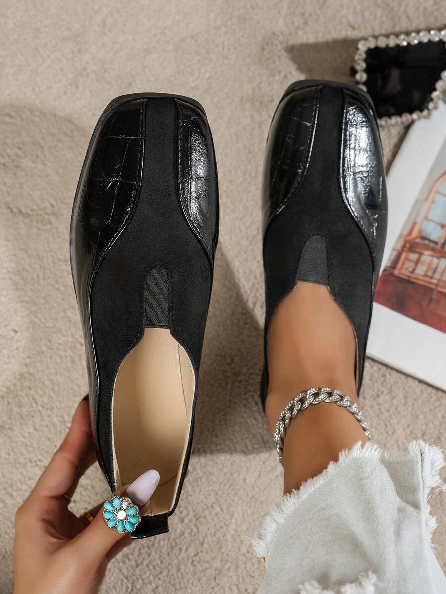 Women Vintage Color Block Square Toe Flats, PU & Matte Suede Panel Slip On Cutout Instep Breathable Comfortable Daily Walking Casual Flat Shoes - Multicolor - View 1