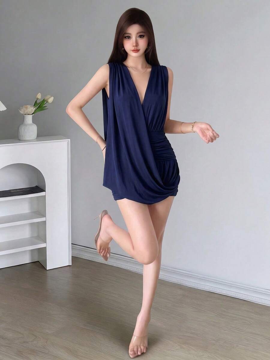 Top Dazzle Comfortable Casual Minimalist Fashion Halter Deep V-Neck Sleeveless Short Dress - Blue - View 1