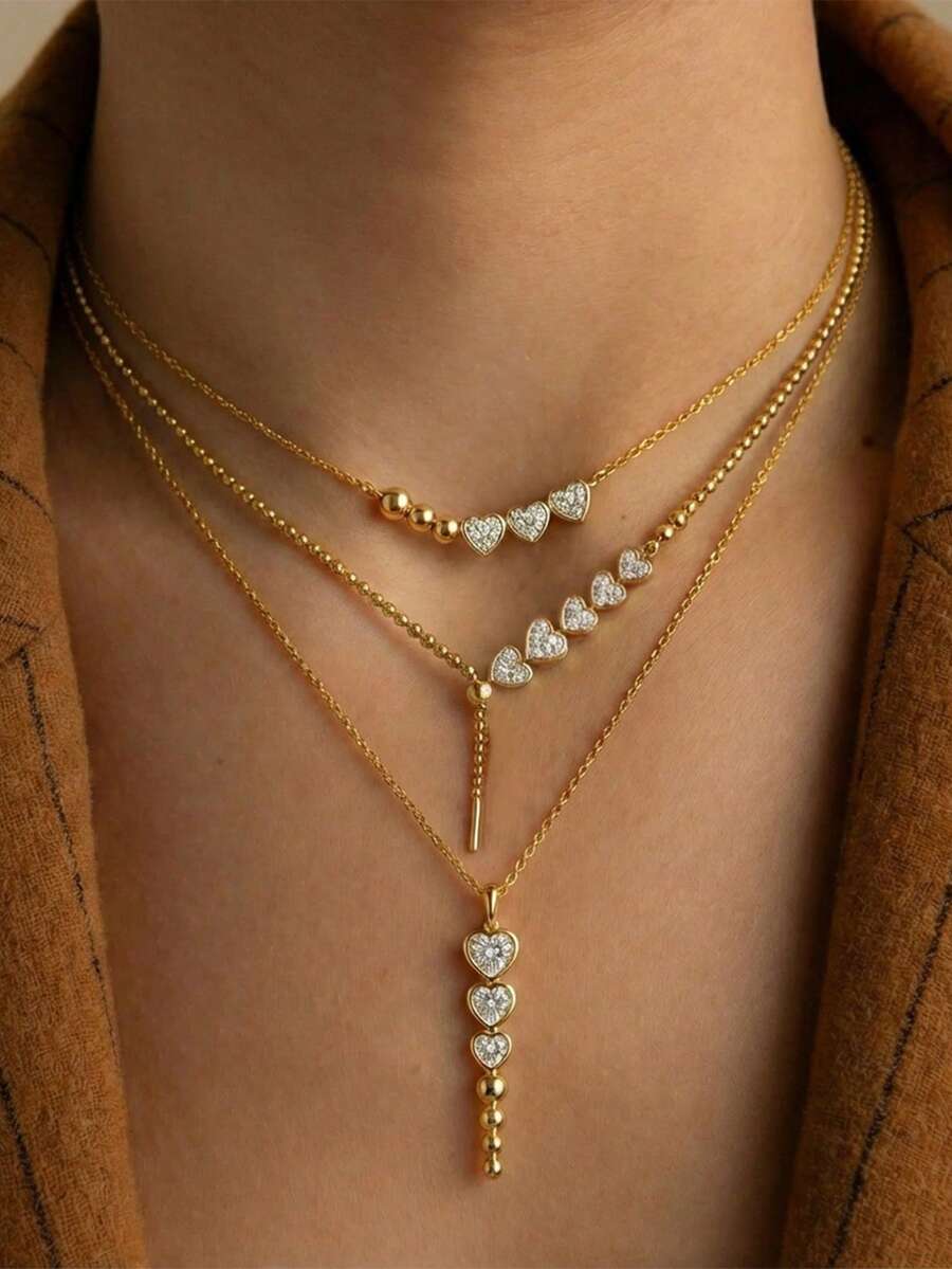 1Pc Gold Tone Layered Heart Zirconia Pendant Necklace, Dainty Chain Y-Shape Necklace, Minimalist Stackable Neck Jewelry For Women Daily Party Gift - Gold - View 1