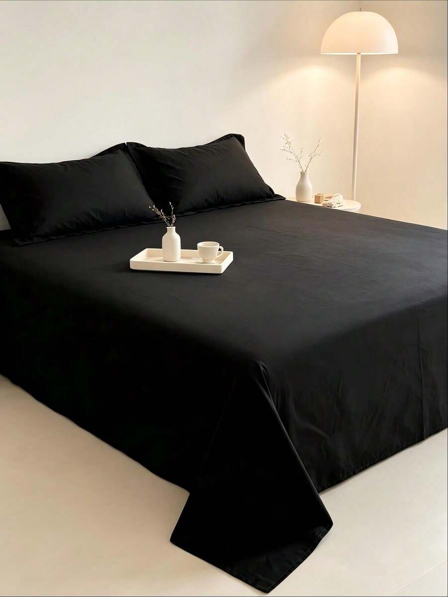 1 pieza, 100% poliéster, ligero y elegante, tacto suave como una nube, cómodo, sábana de unicolor, tela de cama de mezcla moderna, adecuado para el dormitorio - Negro - Ver 1