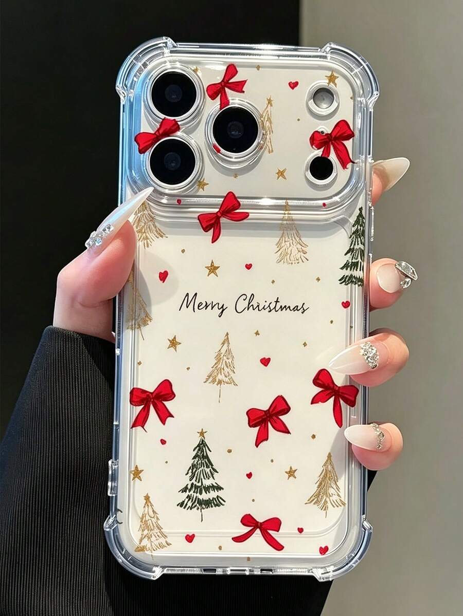 Phone Case - [2D Print] Compatible With IPhone 18/18 Pro/18 Pro Max/17/17 Pro/17 Pro Max/16/15/14/13/12 Series, Small Red Bow Christmas Tree Handwritten Text Full Print Pattern Transparent Four-Corner Shockproof Phone Case, Lightweight And Protective, Unisex For Daily Use, Ideal Gift - Clear - View 1