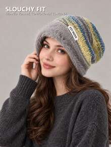 Women's Multi-Color Striped Loose Knit Beanie, Soft & Warm Winter Casual Street Style Headwear - Hat - View 2