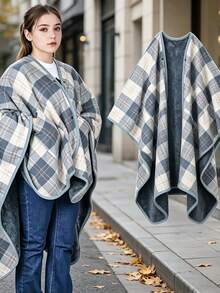 Thickened Flannel Plaid Scarf Blanket With Snap Button Design, Unisex Comfortable Shawl Blanket, Suitable For Home And Office, Easy To Wear, Multi-Functional Cape Style, Perfect For Casual Relaxation - Multicolor - View 3