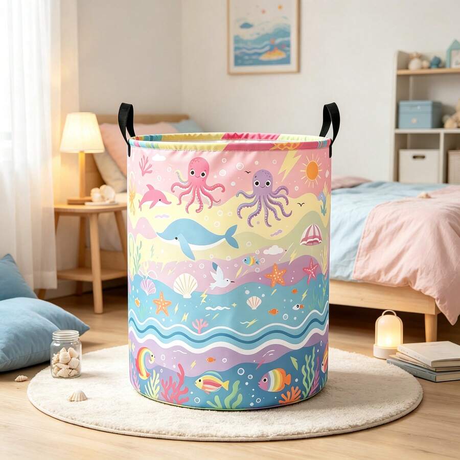 1PC Storage Basket With Cute Ocean Animal Print, Octopus Whale Dolphin Pattern, Portable Handles, Suitable For Multi-Purpose Storage Of Clothes And Sundries, Home Decor And Room Decor - Multicolor - View 1