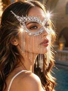 Vintage Rhinestone Halloween Party Mask, Sexy Half Face Masquerade Mask, Suitable For Costume Party, Fashionable Luxury Tassel Mask Accessory - Silver - View 3