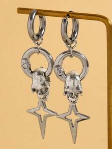 1 Pair Personalized Punk Hip-Hop Skull Cross Star Dangle Earrings, Stainless Steel Long Ear Hooks Sweet Cool Hot Girl Dark Gothic Women's Earrings, Suitable For Daily Wear, Party, Music Festival, Halloween, Jewelry Accessories - Silver - View 3