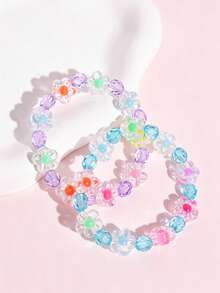 2pcs/Set Cute Girls Transparent Multicolor Floral Beaded Elastic Bracelet Set, Daily Party Accessories - Multicolor - View 10