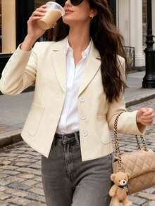 Women's Elegant Apricot Short Blazer, Decorated With Gold Buttons, Long Sleeve Polyester Jacket, Suitable For Spring And Autumn Wear. - Apricot - View 3