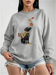 Women's Plus-Size Fashionable Casual Crew Neck Sweatshirt, Cute Black Labrador Retriever Maple Leaf Graphic Print, Women's Top For Autumn And Winter. - Grey - View 5