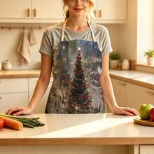 1pc Christmas Vintage Christmas Town Print Apron - Sleeveless Design, Durable And Comfortable Fit, Featuring Giant Christmas Tree In Square, Red Ribbon Lights And Snowy Old Street Architecture Pattern, Suitable For Cooking, Baking And Home Cleaning, Household Cleaning, Housework Apron, Hand-Painted Holiday Gardening Apron, Fun Christmas Holiday Gift - Multicolor - View 7