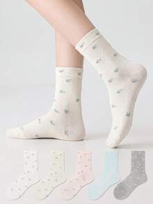 ZUJO 5 Pairs Solid Color Women's Mid-Calf Socks, Floral And Cherry Patterns, Versatile Soft And Comfortable, Sleep Socks Postpartum Socks Slouch Socks, Suitable For Spring Autumn Winter, Random Color Shipping - Multicolor - View 1