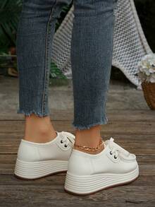 Women's Wedge Heel Thick Sole Loafers, Retro Leather Upper, Versatile Round Toe Front Lace-Up Casual Sneakers, Solid Color - White - View 9