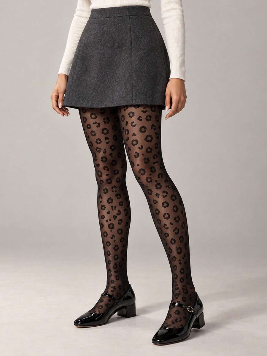1 par de medias de mujer con estampado de leopardo transparente, mallas de cintura alta elásticas, medias elegantes de moda para oficina, fin de semana, fiesta & uso diario - Multicolor - Ver 1