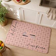 Pink Kitchen Rug With Grid Pattern And Utensils, Absorbent Polyester Fiber Floor Mat, Decorative 40 X 60 Cm Kitchen Mat For Sink Area - Multicolor - View 6