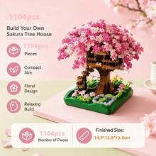 1104pcs Pink Cherry Blossom Tree House Micro Particle Building Blocks Assembly Toy, Healing Style Micro Landscape Architecture Potted Plant Model, Desktop Decor Girls Holiday Birthday Gift - Multicolor - View 6