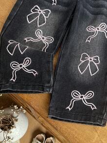 Baby Girl Sweet Girl Style 2-Piece Set: Letter Print 3D Black Bow Light Pink Crew Neck Sweatshirt + Multiple Pink Bow Embroidery Black & Gray Washed Straight Leg Denim Pants - Pink - View 6