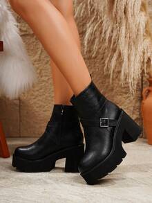 Women's Thick Sole Chunky Heel Square Buckle Ankle Boots With Side Zipper, Black - Black - View 6