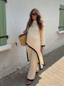 Bump Style Maternity 2-Piece Outfit Beige: Non-Stretch Long Sleeve Top & Wide Leg Pants With Contrast Trim - Apricot - View 5